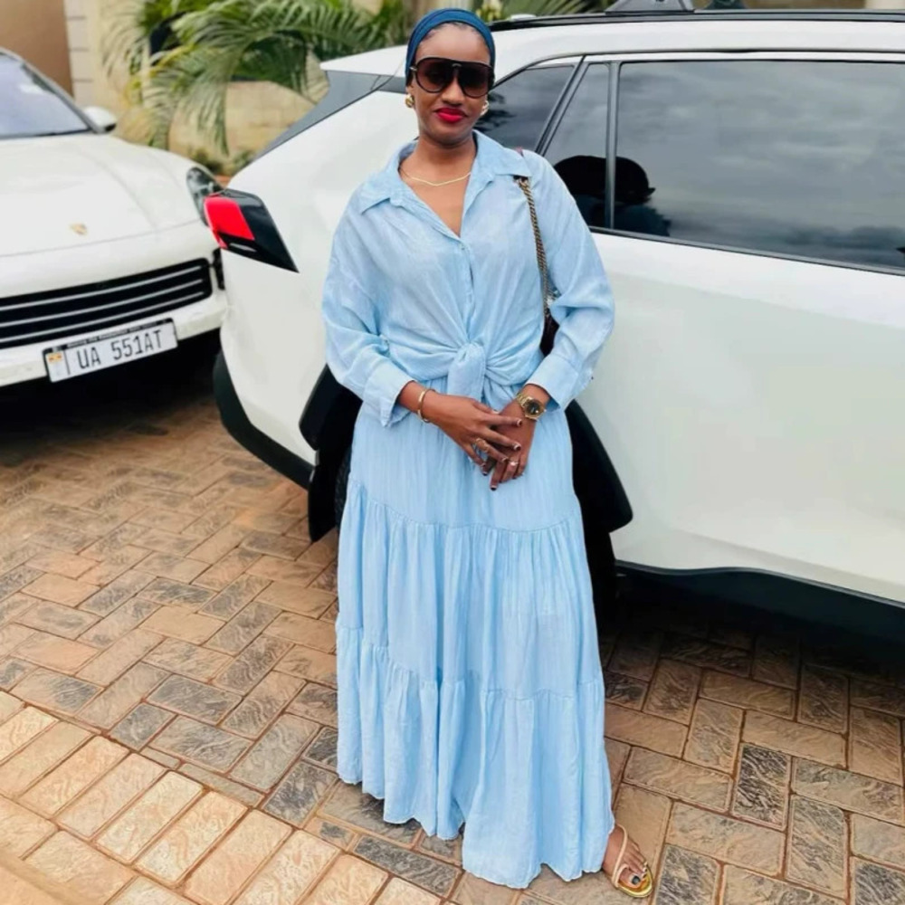 ZARA African Casual Plus Size Solid Button Down Shirt and Maxi Skirt Set